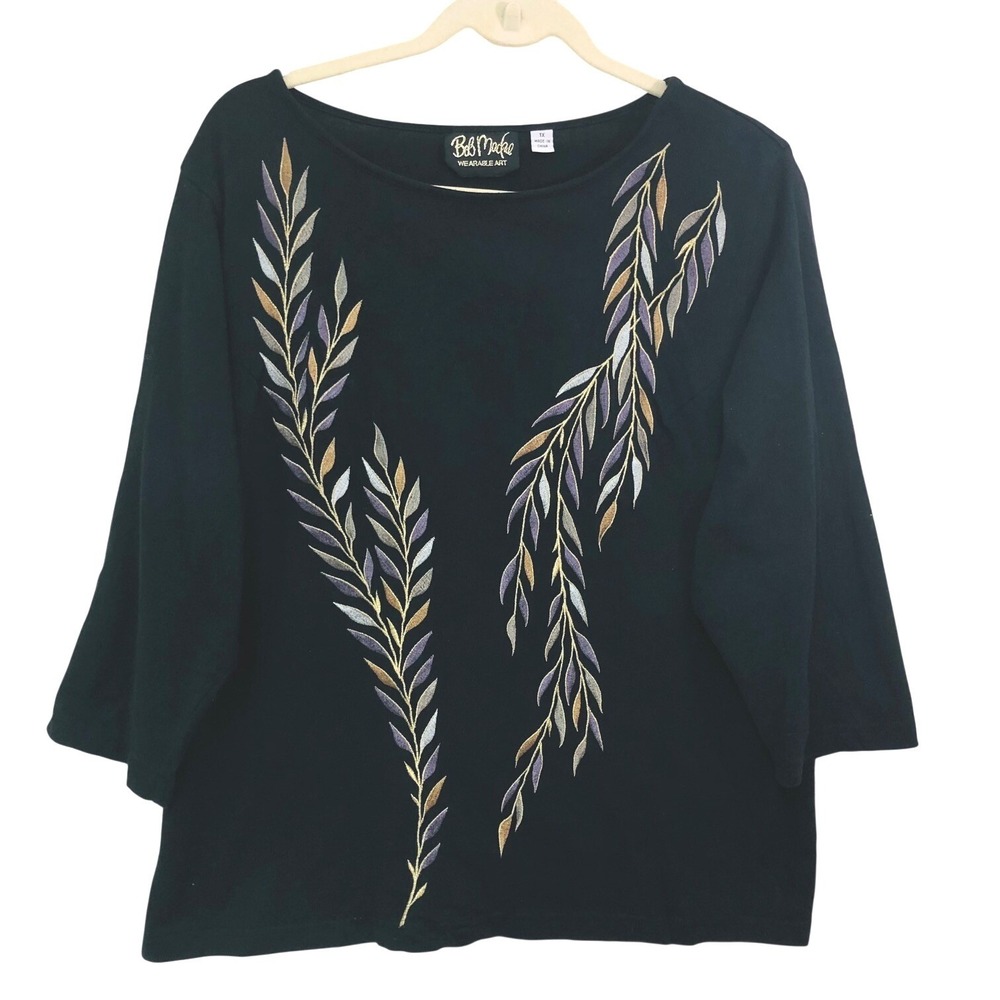 Bob Mackie Wearable Art Embroidered Top Minimalist Metallic Black Womens 1X